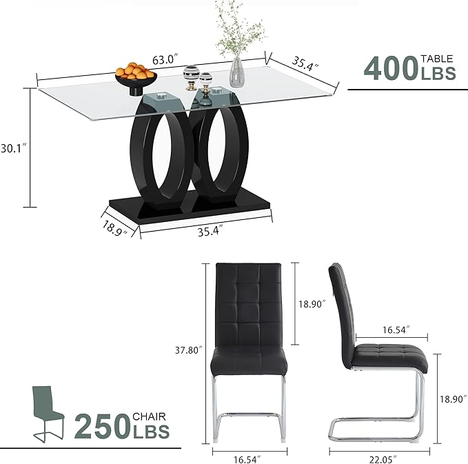 5-Piece Glass Dining Table Set, 63" Black Kitchen Table with O-Shape MDF Base, Dining Room Set for 4 with 4 Leather Upholstered Chair for Kitchen, Dining Room (Black,Silver)