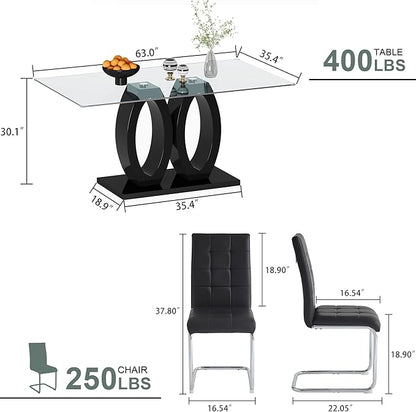 5-Piece Glass Dining Table Set, 63" Black Kitchen Table with O-Shape MDF Base, Dining Room Set for 4 with 4 Leather Upholstered Chair for Kitchen, Dining Room (Black,Silver)