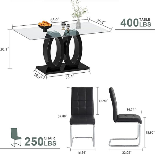5-Piece Glass Dining Table Set, 63" Black Kitchen Table with O-Shape MDF Base, Dining Room Set for 4 with 4 Leather Upholstered Chair for Kitchen, Dining Room (Black,Silver)