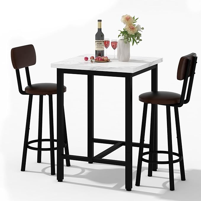 Recaceik 3 Piece Pub Dining Set, 24" Square Kitchen Table and Chairs Set with 2 PU Leather Upholstered Stools, Pub Table and Chairs Set for Breakfast Nook Living Room Small Space Restaurant