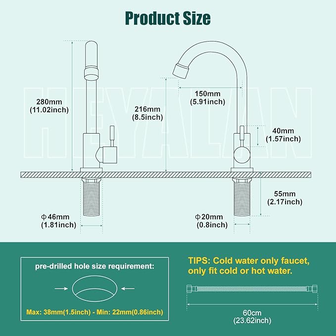 Heyalan Brushed Nickel Kitchen Faucet Cold Water Only 1 Hole Single Handle 360 Degree Swivel Spout Deck Mount High Arc SUS304 Sink Bar Tap Goose Neck with Hose and Longer Thread Pipe
