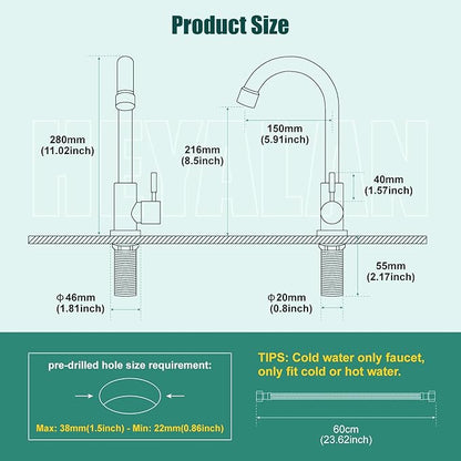 Heyalan Brushed Nickel Kitchen Faucet Cold Water Only 1 Hole Single Handle 360 Degree Swivel Spout Deck Mount High Arc SUS304 Sink Bar Tap Goose Neck with Hose and Longer Thread Pipe