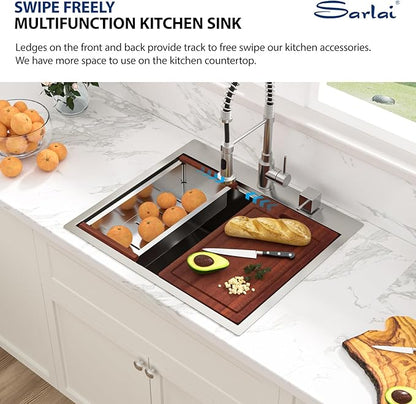 Sarlai 25 Kitchen Sink Drop-In Workstation - 25 x 22 Inch Topmount Ledge Stainless Steel 16 Gauge Single Bowl Over Counter for Kitchen, Laundry, Utility Room
