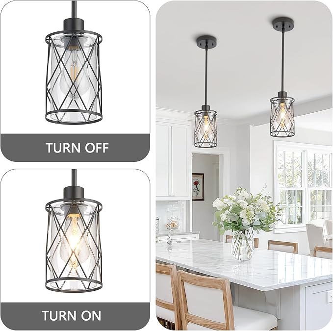 Refice Glass Pendant Lights Kitchen Island, Black Kitchen Hanging Light with Clear Glass, Farmhouse Cage Mini Pendant Lighting for Sink Dining Room Bedroom Bar, 3 Pack