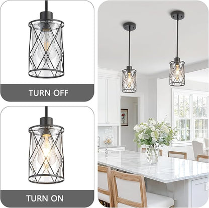 Refice Glass Pendant Lights Kitchen Island, Black Kitchen Hanging Light with Clear Glass, Farmhouse Cage Mini Pendant Lighting for Sink Dining Room Bedroom Bar, 3 Pack