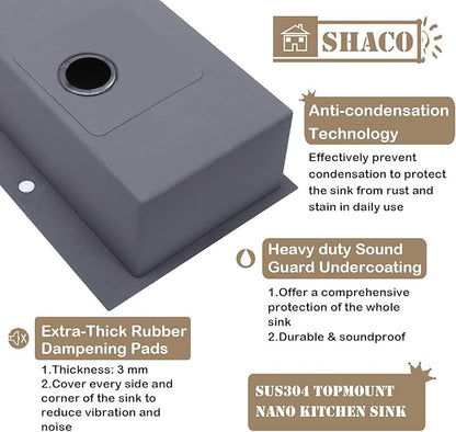 SHACO 33x22 Black Drop In Kitchen Sink, 33 Inch Large Top Mount Gunmetal Black Farmhouse Sink, Single Bowl Basin 16 Gauge SUS304 Stainless Steel Wet Bar Prep Sink