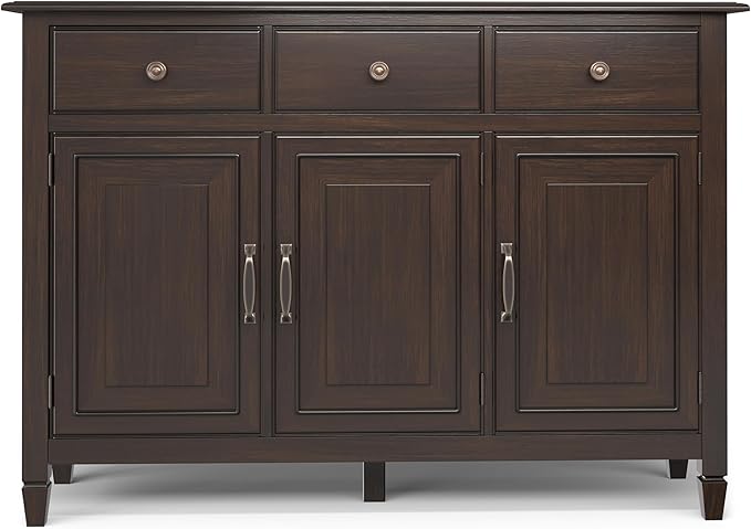 SIMPLIHOME Connaught 51-inch Wide Solid Wood Storage Cabinet in Chestnut Brown for the Entryway, Mudroom, 3 Drawers and Adjustable Shelves, Traditional Style, Space-Saving Design