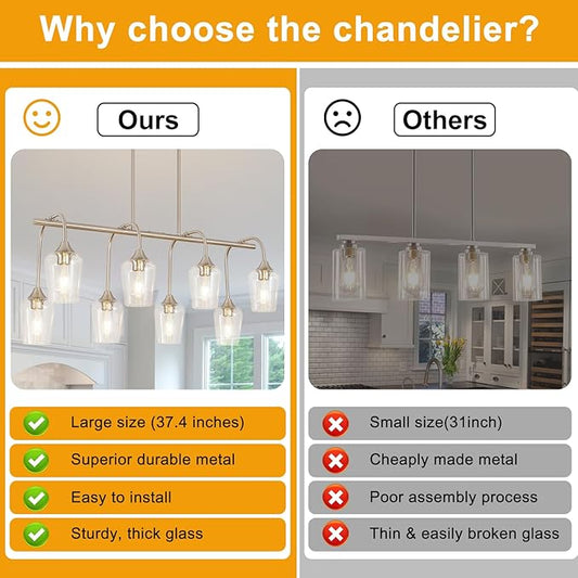 38" Dining Room Light Fixture/Chandelier Over Table, 8-Light Brushed Nickel Kitchen Island Lighting with Clear Glass Shade, Modern Hanging Pendant Lights Fixture for Kitchen Island, Dining Room, Bar