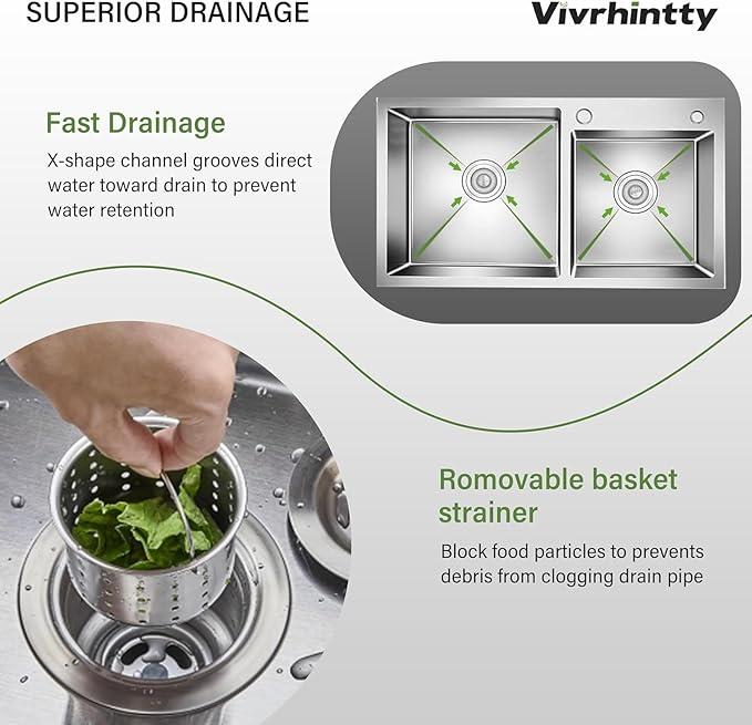 32" x 18" Drop-in/Topmount Double Bowl Kitchen Sink, Nano-Coated 304 Stainless Steel Kitchen Sink with Drain and Overflow