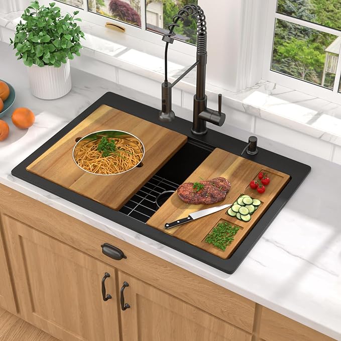 30 Inch Black Granite Composite Drop In Kitchen Sink, Single Bowl Classic Quartz-Based Workstation All-In One Sink with Mixing Bowl and Pasta Strainer, 2-Holes Configuration #TLGT-121