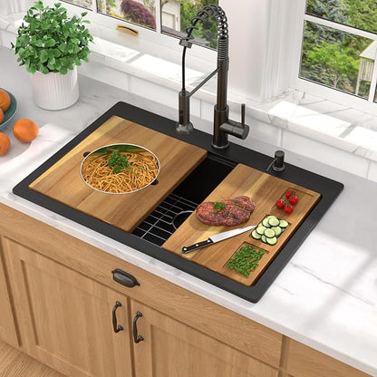30 Inch Black Granite Composite Drop In Kitchen Sink, Single Bowl Classic Quartz-Based Workstation All-In One Sink with Mixing Bowl and Pasta Strainer, 2-Holes Configuration #TLGT-121
