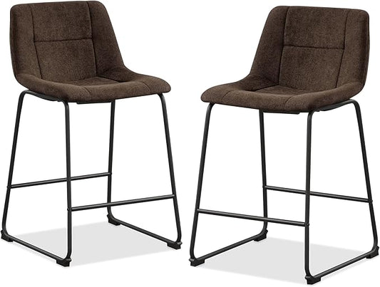 Furniture of America Veradis Modern Bentwood Counter Height Dining Chairs Set of 2, Chenille Fabric Bar Stool with Back and Metal Frame, Upholstered Seating for Kitchen, Living Room, Brown, 35 inch