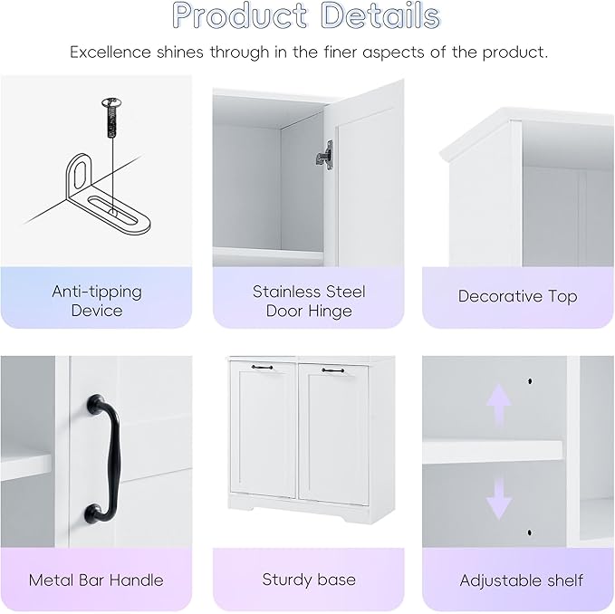 68" Tall Bathroom Storage Cabinet with One Door and Two Laundry Hampers for Home Display Organizer, Adjustable Shelf, White