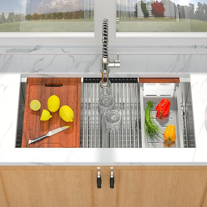 Mocoloo 36 Inch Undermount Double Bowl Kitchen Sink - 36 x 19 Workstation 16 Gauge Stainless Steel Low Divide 50/50 Bowl Handmade with 2 Basins