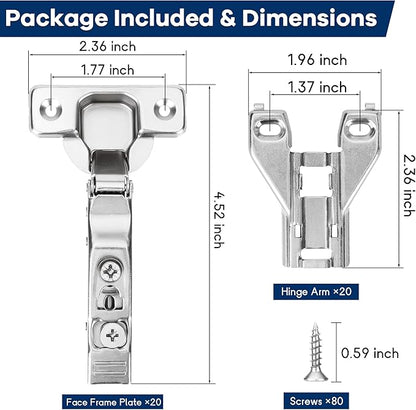 20 Pack 1/2'' Overlay Face Frame Soft Close Hidden Cabinet Hinges, 105 Degree 3D Adjustable Clip On Plate Concealed Kitchen Cupboard Door Hinges with Screws