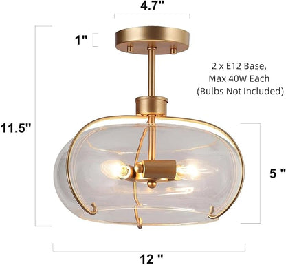LALUZ Modern Gold Semi Flush Mount Ceiling Light, 2-Light Clear Glass Ceiling Light Fixture, 12" Flush Mount for Bedroom, Kitchen, Hallway, Entryway