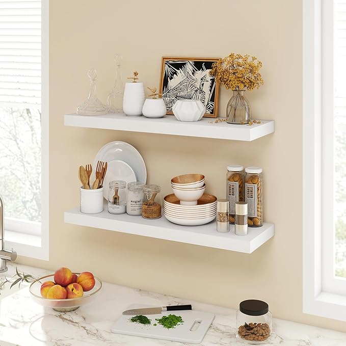 Acovy 30 Inch Floating Shelves, 9.3" Deep Floating Shelf Wall Mounted, 30" Wall Shelves, Rustic Deep Bookshelf, Large Display Shelves & Storage Shelves for Bedroom, Living Room, White, Set of 2
