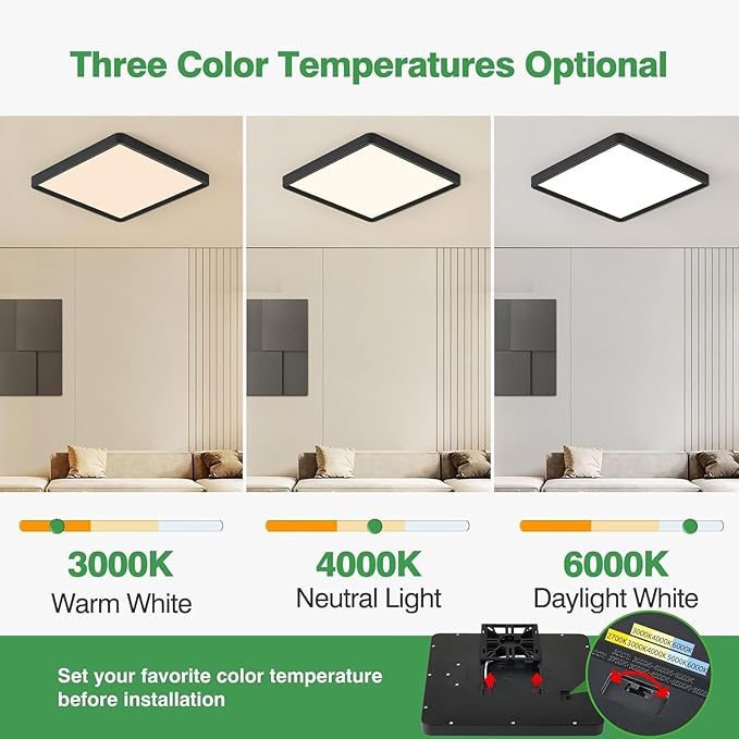 FY WISDOM FLY LIGHTING 20 Inch Large LED Flush Mount Ceiling Light, 50W, 5000LM, Selectable 3000K/4000K/6000K CCT,Square Flat Panel Low Profile Light Fixture (Black, 20“ 2PK)