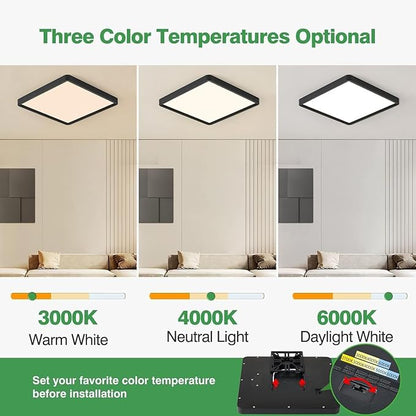 12 Inch Square LED Flush Mount Ceiling Light, 24W, 2520LM, 3000K/4000K/6000K CCT Selectable, Flat Panel Light, Low Profile, Fits for Hallway, Kitchen, Bedroom, Laundry Room (Black, 12" 12PK)