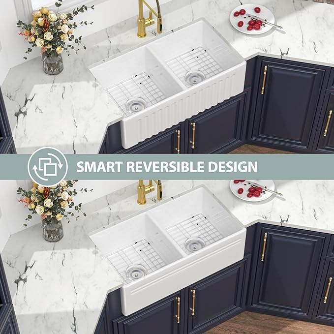 33 White Farmhouse Sink Double Bowl - Kichae 33 Inch Kitchen Sink Reversible Apron Front Fireclay Ceramic Porcelain White Double Basin 50/50 Kitchen Sink with Accessories