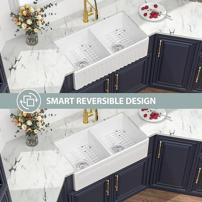33 White Farmhouse Sink Double Bowl - Kichae 33 Inch Kitchen Sink Reversible Apron Front Fireclay Ceramic Porcelain White Double Basin 50/50 Kitchen Sink with Accessories