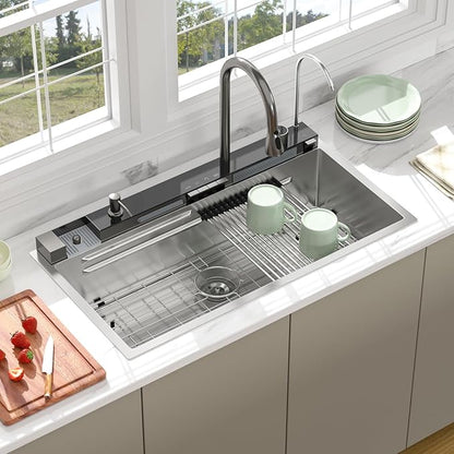 36 Inch Waterfall Kitchen Sink - Beslend 36x19 Drop In Waterfall Sink Stainless Steel Workstation Modern Smart Sinks 16 Gauge Single Bowl with Faucet Combo, Digital Display and Fancy Ambient Light BSL