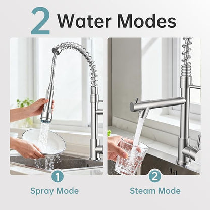 FEELSO Kitchen Faucet with Pull Down Sprayer, Single Handle Stainless Steel Pull Out Spring Kitchen Sink Faucets 1 Or 3 Hole Dual Function for Farmhouse Camper Laundry Utility Rv Wet Bar