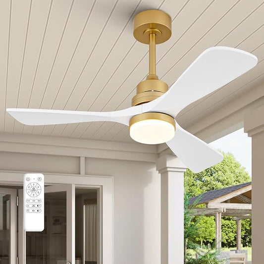 42 Inch Ceiling Fan with Lights, Remote Control, Dimmable, Solid Wood Blades, Power-Off Memory, Quiet DC Motor, Modern White and Gold Ceiling Fan for Farmhouse Living Room Bedroom Patio Outdoor