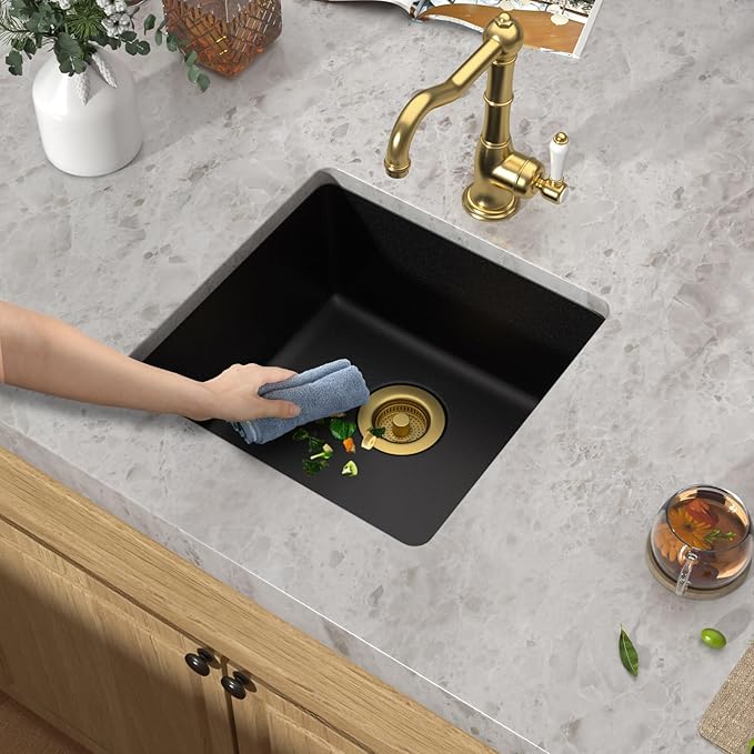 17x17 Black Undermount Bar Sink - Granite Composite Classic Quartz Single Bowl Wet Prep Sink Basin for RV, Kitchen Bar, Boat, and Outdoor #TLGU-132