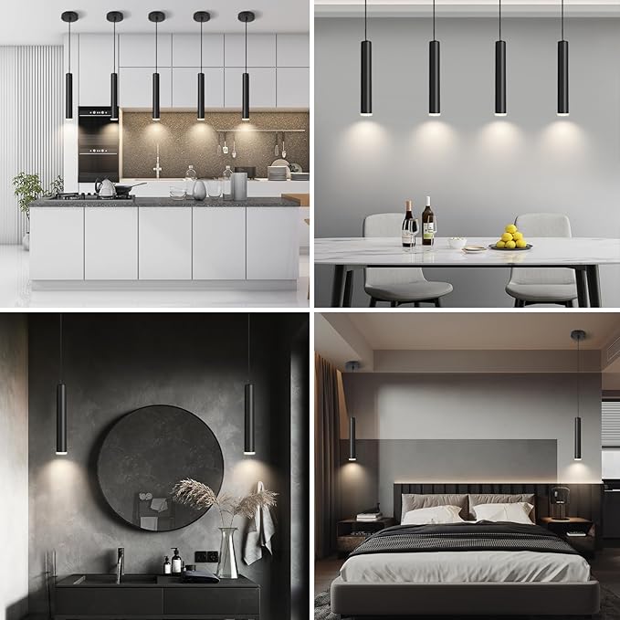 Modern Black Pendant Light Fixture for Kitchen Island, 1-Light Pendant Lighting, Lights Cord Adjustable, Matching GU10 lamp Holder,for Living Room Bedroom Dining Room（Wide Beam Angle）(3 Pack)