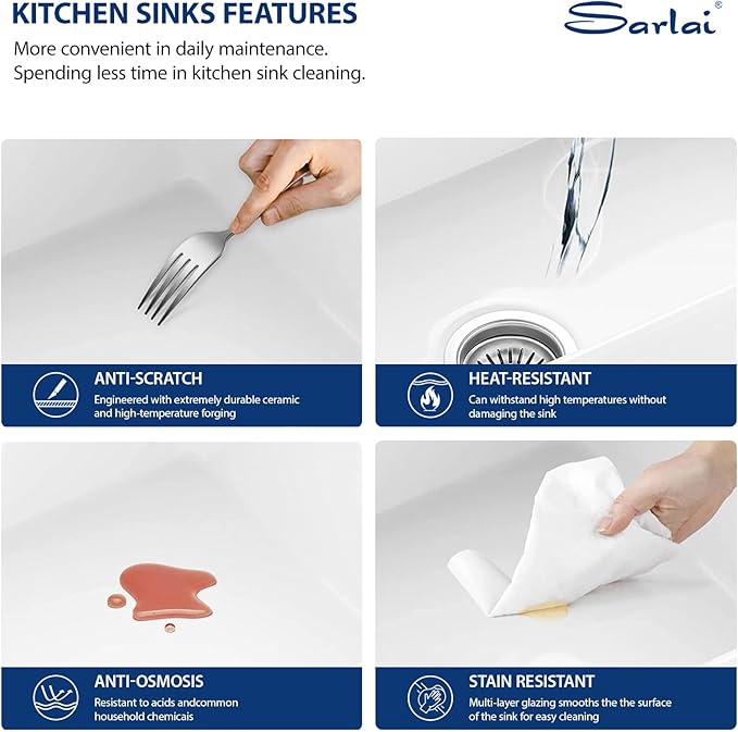 Sarlai 30 White Farmhouse Sink - 30 x 20 Inch Apron Front Kitchen Sink Farm Farmer Sinks White Ceramic Fireclay Single Bowl Basin