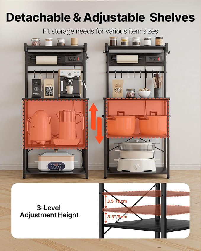 VEVOR Kitchen Bakers Rack with Power Outlets, 23.6 x 15.7 x 55.1 Inch Microwave Stand with Built-in Power Strip & 4.6 Ft Cord, 8 S-Shaped Hooks, for Dish Storage, Spice Jars, Coffee Bar Organization