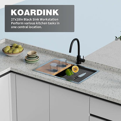 Black Kitchen Sink Workstation, 27x18 In Stainless Steel Drop In Kitchen Sink Modern Undermount Single Bowl Kitchen Sink Accessory Combo-SS Grid,Drying Rack,Cutting Board,Sink Clip,Drain Strainer Set
