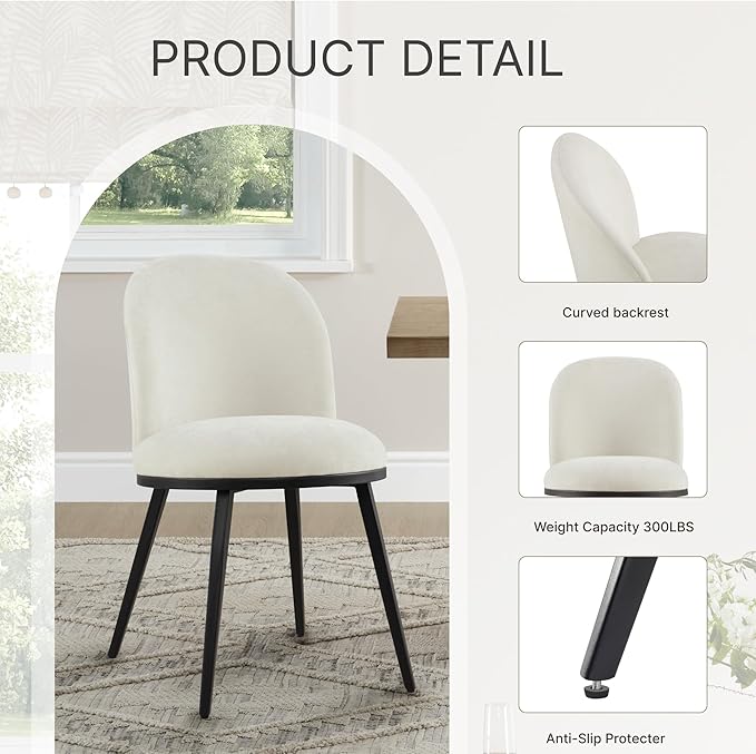 KISLOT Dining Chairs Set of 6, Fabric Upholstered Dining Room Chairs with Ergonomic Backrest & Metal Legs, Modern Kitchen Side Chairs for Home, Restaurant, and Café, Ivory, 2 Boxs