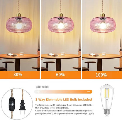 QIYIZM Pink Plug in Pendant Light Hanging Lights with Plug in Cord Boho Hanging Lamp Glass Gold Mid Century Modern Vintage Dimmable Flower Plug in Chandelier Ceiling Fixture for Living Room,Kitchen