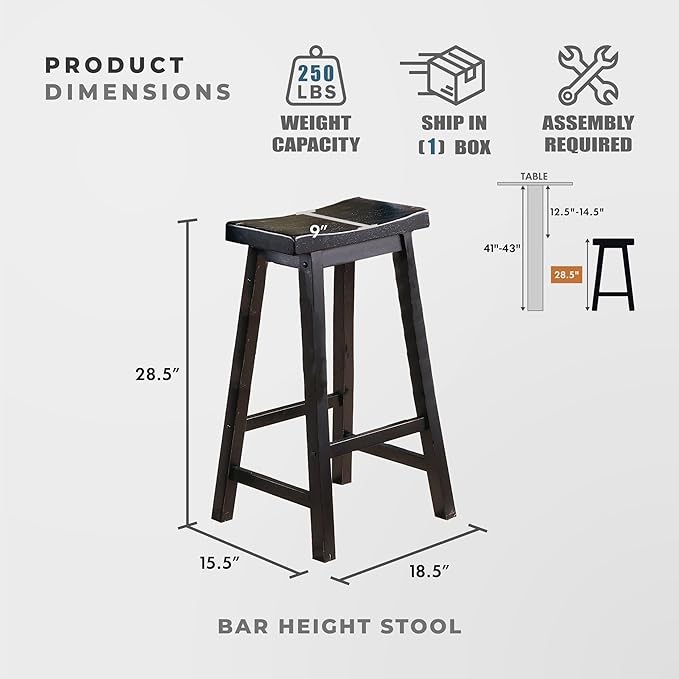 Lexicon Finnian Saddle Solid Wood Bar Height Bar Stool Set of 2 - Saddle Kitchen Stool Dining Height Stools for Dining, Armless Counter Chair Seating, Perfect Casual - 28.5" SH Black Sand