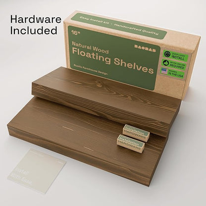 BAOBAB WORKSHOP Wood Floating Shelves for Wall Mounted, 16 inch Walnut Floating Shelf for Bathroom, Solid Wooden Wall Shelves for Kitchen Bedroom Farmhouse, Walnut Finish, 16 x 6.7, Set of 2