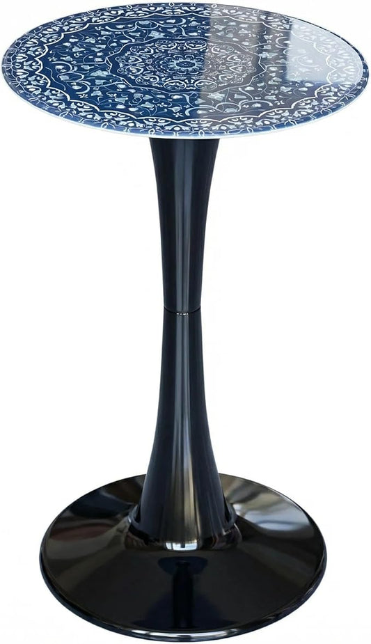 Simmer Stone 13.4" Outdoor Side Table, Round Patio Bistro Table Printed Tempered Glass Top, Waterproof Rust-Proof Base, Small Plant Stand for Balcony, Garden, Deck, 21.6" H (Blue Maze)