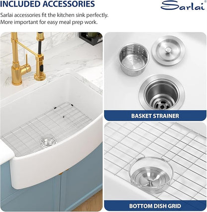 Sarlai 30 White Farmhouse Sink - 30 Inch Kitchen Sink Arch Edge Curved Apron Front Ceramic Porcelain Fireclay Single Bowl Farmer Sinks