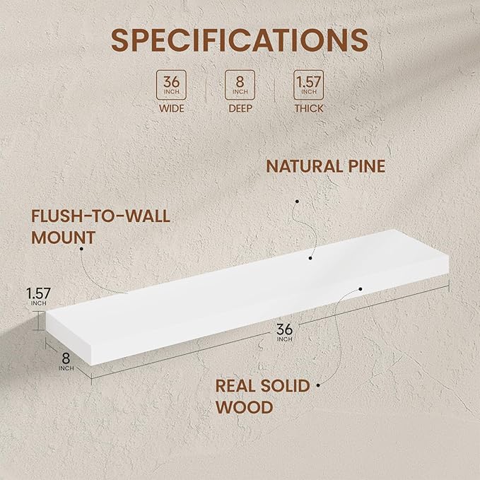 Heimlove Wooden Floating Shelves for Wall, White Pine Shelves Set of 2, 36 in Rustic Wood 8 Inch Deep Floating Shelf with Invisible Brackets for Bedroom Kitchen Living Room - Classic White