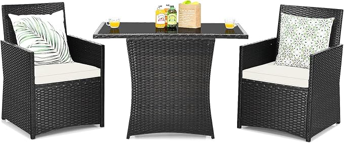 Tangkula 3 Pieces Patio Dining Set, Space-Saving PE Rattan Bistro Set with Tempered Glass Top Table and Cushioned Chairs, Outdoor Conversation Set for Garden Backyard Poolside Porch (White)