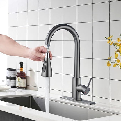 Kitchen Faucet with Pull Down Sprayer，Stainless Steel Single Handle Kitchen Faucet，1/3 Hole, Deck Plate Included，Suitable for farmhouses, Campers, Laundry Rooms, RVs, and Bars (Gun Gray)