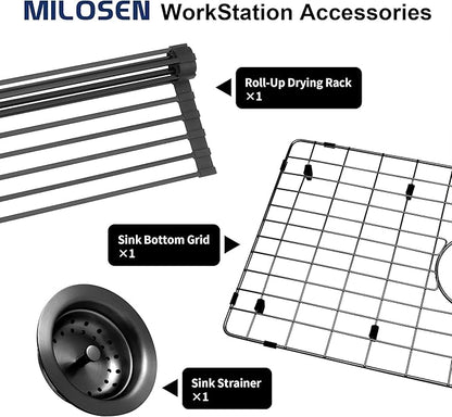 MILOSEN Black Undermount Kitchen Sink, 30x18 Inch T304 Black Stainless Steel Workstation Sink, 9 Inch Deep Single Bowl Kitchen Sink with Bottom Grid and Strainer, Modern Large Kitchen Sink