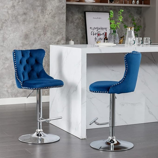 LUMISOL 2 Piece Swivel Velvet Bar Stools, Modern Upholstered Chrome Base Bar Stools with Backs Comfortable Tufted for Home Pub and Kitchen Island, Adjustable Seat Height from 25”-33”, Blue+Silver