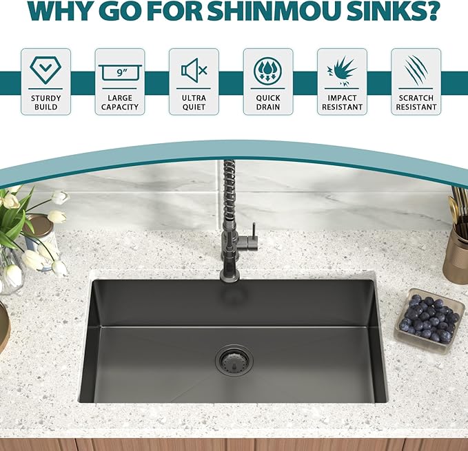 Black Undermount Kitchen Sink 33x19x9 Inch Single Bowl 18 Gauge Stainless Steel Under Counter Sinks Basin With Drain Strainer
