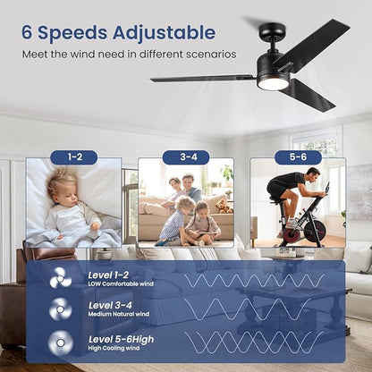 48 Inch Ceiling Fans with Lights Remote for Bedroom Living Room Kitchen Office, Indoor or Covered Outdoor, 3CCT Dimmable, Noiseless, 3 Blades, 6 Speed Reversible Quiet DC Motor, Black/Wood Grain