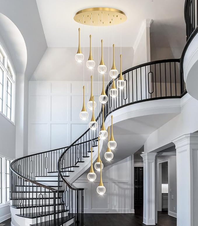 16 Light High Ceiling Crystal Chandelier Dimmable LED Pendant Lights with Remote Adjustable Chandeliers for Foyer Staircase Living Room Gold