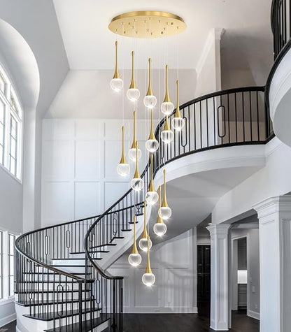 16 Light High Ceiling Crystal Chandelier Dimmable LED Pendant Lights with Remote Adjustable Chandeliers for Foyer Staircase Living Room Gold
