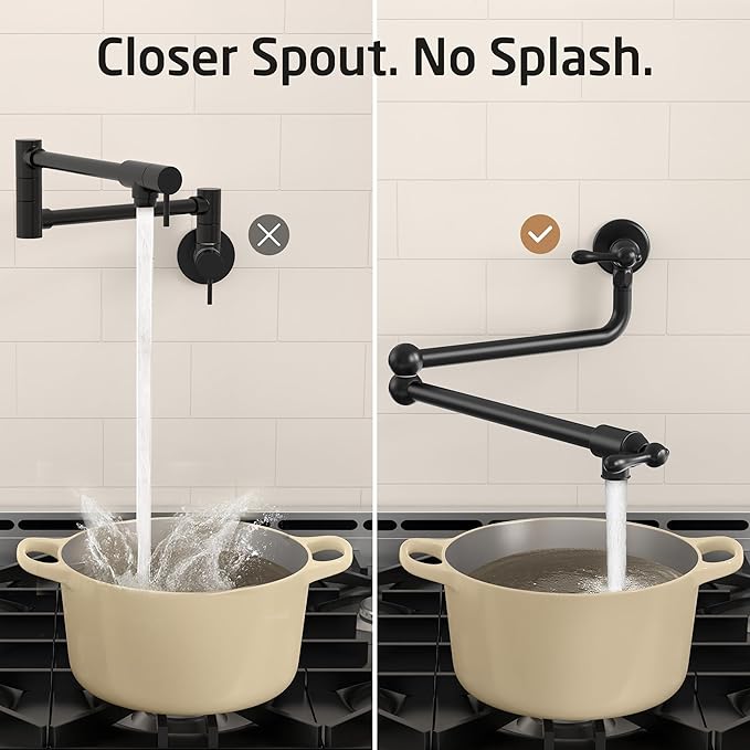 KES Upside Down Pot Filler Faucet with Heat-Resistant Cartridge, 26'' No Lead 18/8 Stainless Steel Over Stove Kitchen Pot Filler Faucets with Double Joints 360° Swing Arm Wall Mount, Black