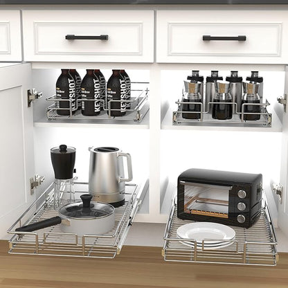 Pulloutor Pull Out Cabinet Organizer - 11" W x 21" D, Slide Out Kitchen Cabinet Storage Shelf and Drawer Organizer, For Home, Pantry, Bathroom, Chrome Finish